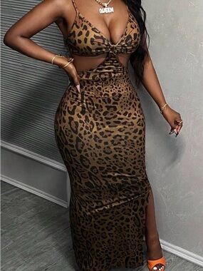 Leopard Print Cutout Maxi Dress - Brown & Black